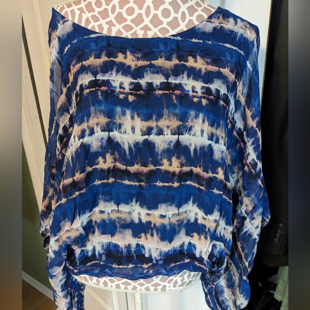 Karen Kane plus size blue tie dye cold shoulder scarf flowy blouse top 1X